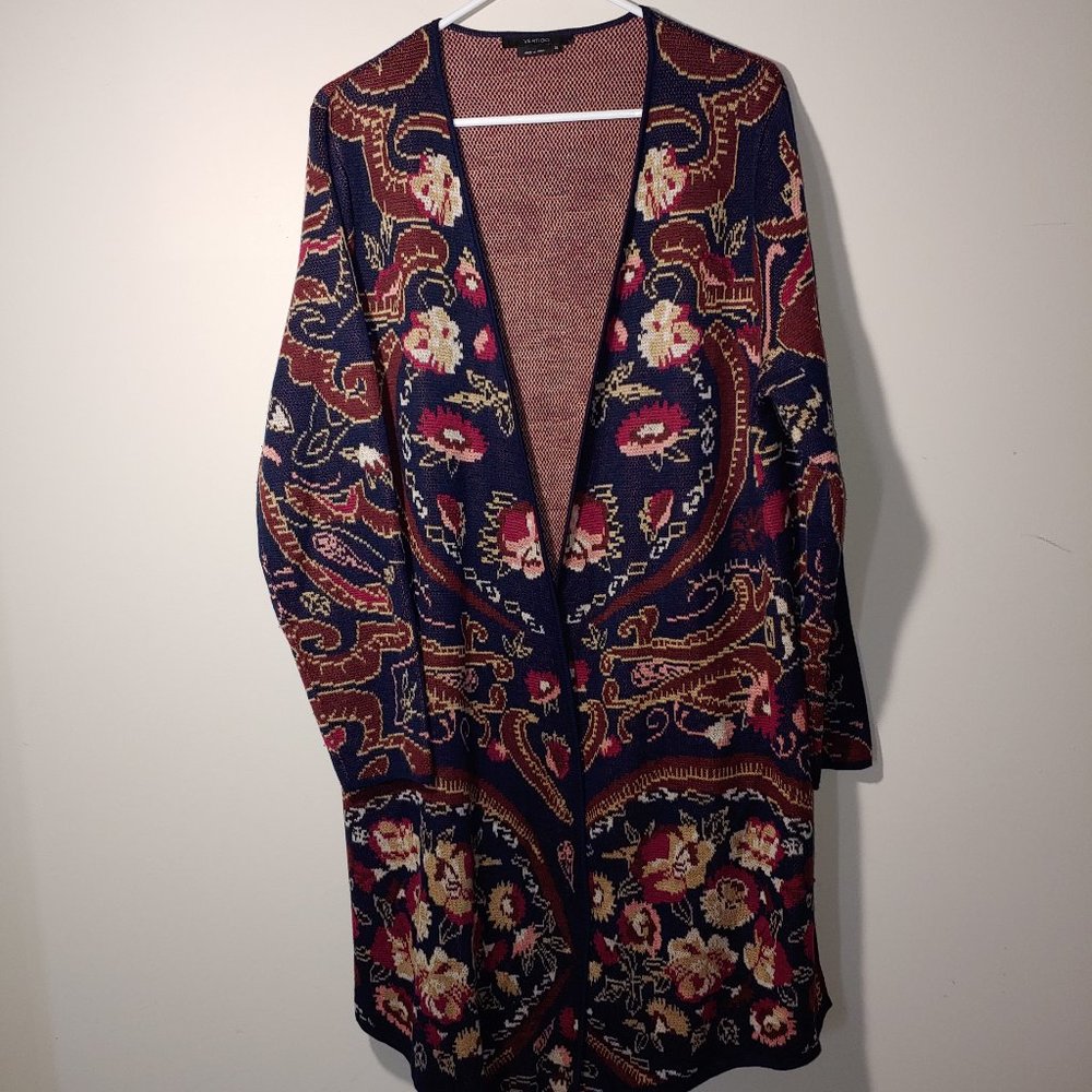 Vertigo Paris Wool Blend Knit Open Front Cardigan Floral Size XL Navy Berry